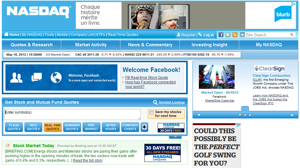 La page d'accueil du NASDAQ fête Facebook