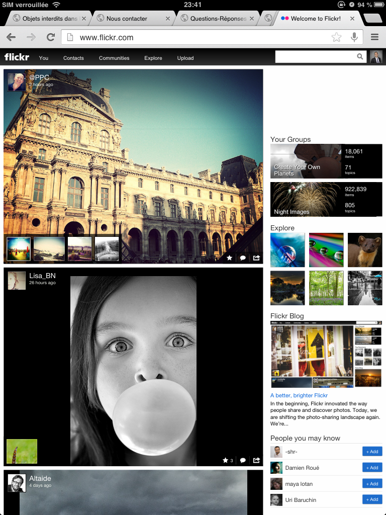 La home de Flickr sur un iPad