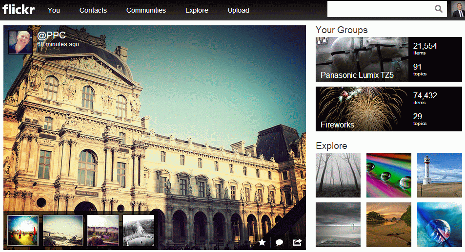 La homepage de Flickr en mode réduit